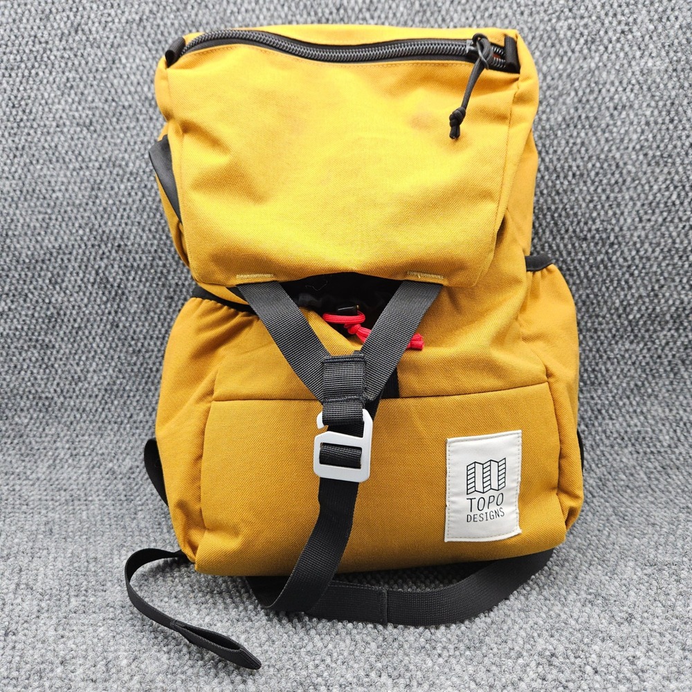 Topo Designs Backpack Mustard Yellow Y-Pack Flap Top Buckle Roll Top Closure
